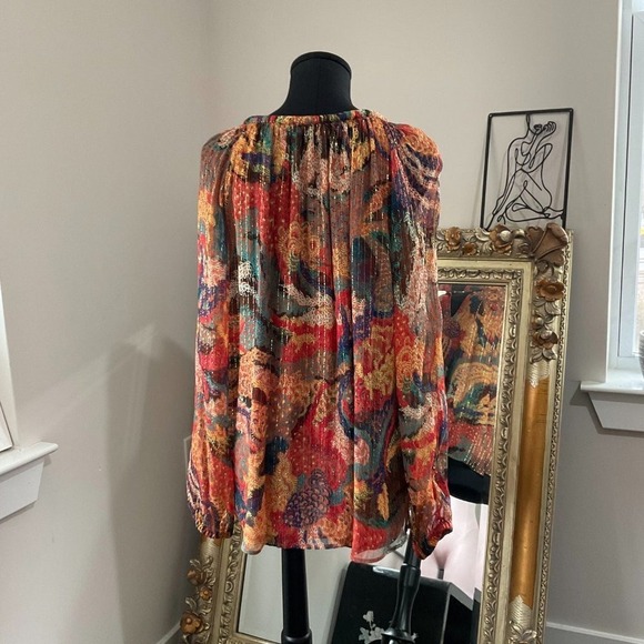 A.L.C. Metallic Floral V-Neck Silk Tunic Blouse Long Sleeve Size 8 Multicolor - Picture 3 of 3